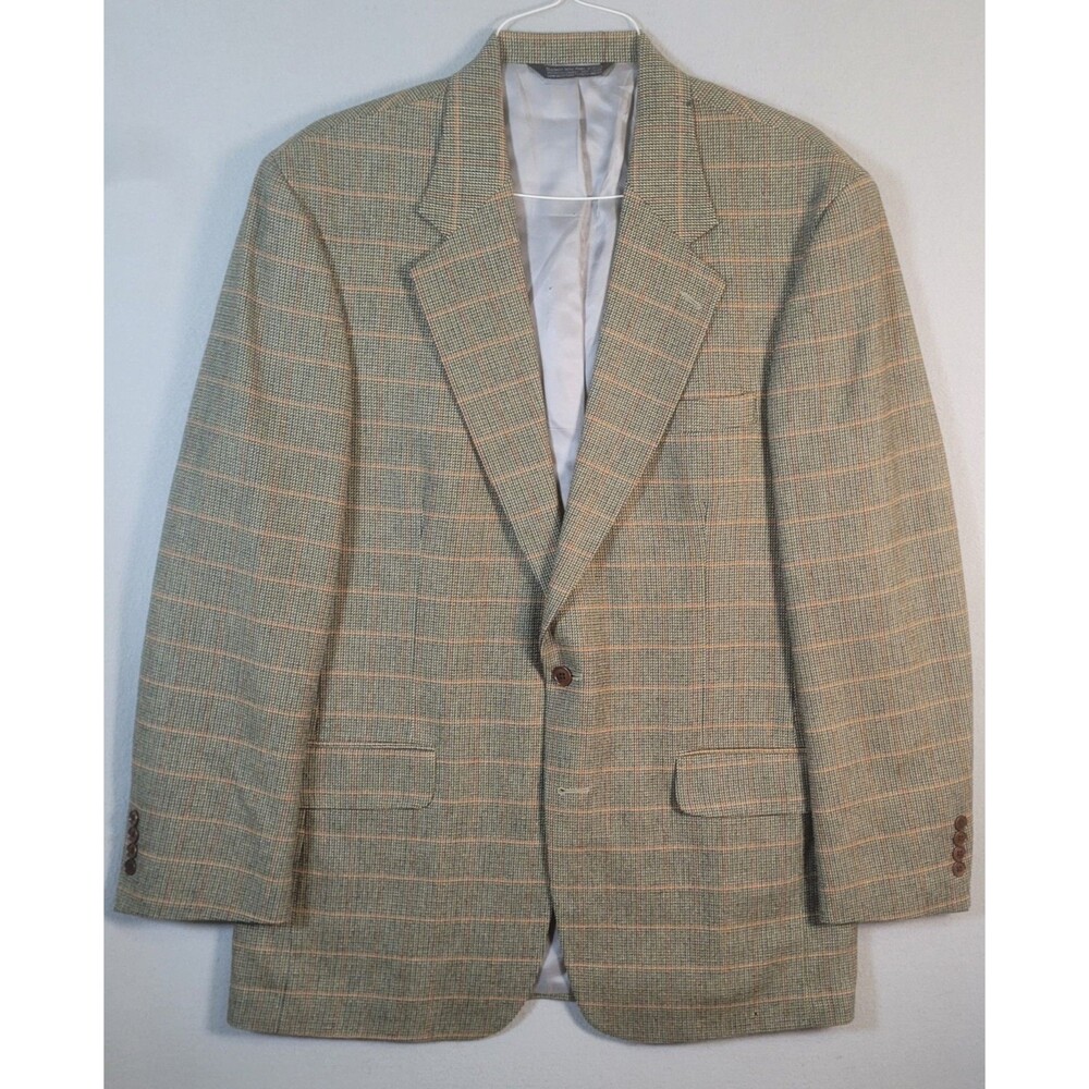 Vtg Lands End Blazer Mens 42L Windowpane Plaid Lambswool Made In USA